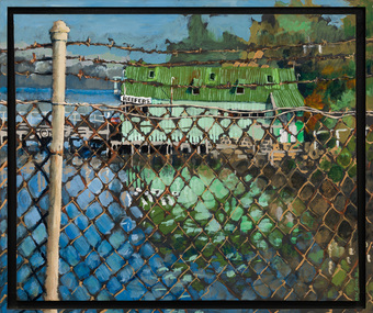 Painting of a wire fence with post on left in foreground. Water and bright green shed visible through fence. Houses and trees visible in background on horizon.