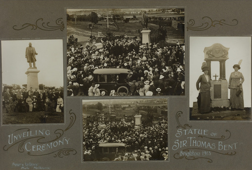 Compilation of  four gelatin silver photographs of unveiling ceremony for statue of Sir Thomas Bent, Brighton and the Mrs Bent Memorial Fountain. Photographs are adhered to a grey matt hand drawn borders around them and original white and black handwritten lettering and ornamentation. 