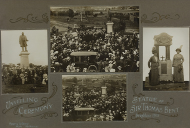 Compilation of  four gelatin silver photographs of unveiling ceremony for statue of Sir Thomas Bent, Brighton and the Mrs Bent Memorial Fountain. Photographs are adhered to a grey matt hand drawn borders around them and original white and black handwritten lettering and ornamentation. 