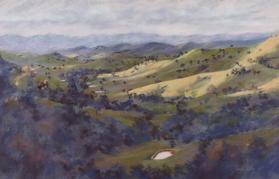 Pastel drawing of a landscape with green rolling hills with trees and dams in foreground and centre. Blue hills and cloudy sky in background. 