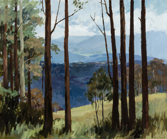 Landscape painting of tree trunks in foreground, blue hills and mountains in background. Green grassy hill also in foreground, sloping down behind the trees.