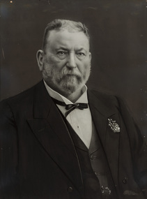 A formal portrait, chest up, of seated man wearing jacket, bowtie, white shirt with waistcoat underneath with a flower on his lapel. He has short hair and white beard. 
