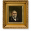 Formal portrait painting of a man, from chest up in dinner suit with small bow tie. He has grey hair and beard. Housed in a thick, ornate gold frame.