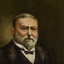 Formal portrait painting of a man, from chest up in dinner suit with small bow tie. He has grey hair and beard. 