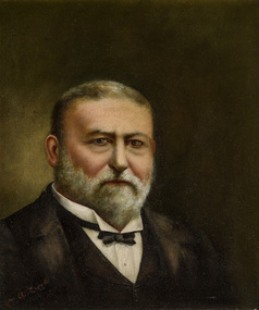 Formal portrait painting of a man, from chest up in dinner suit with small bow tie. He has grey hair and beard. 