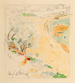 Pencil and watercolour of the curved coast line at Half Moon Bay with large trees and boat sheds on the left of the work at the foreground, the sandy coast leading to dinghys and billings in the background. A couple of figures stand in the water and on a sandbar