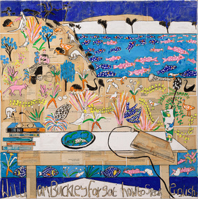 Painting and drawing over collaged book pages of a view over a table setting into the landscape. The table is adorned with a vase, laptop, books and spectacles. The landscape is abundant with native Australian flora and fauna and the surrounding ocean is full of fish.