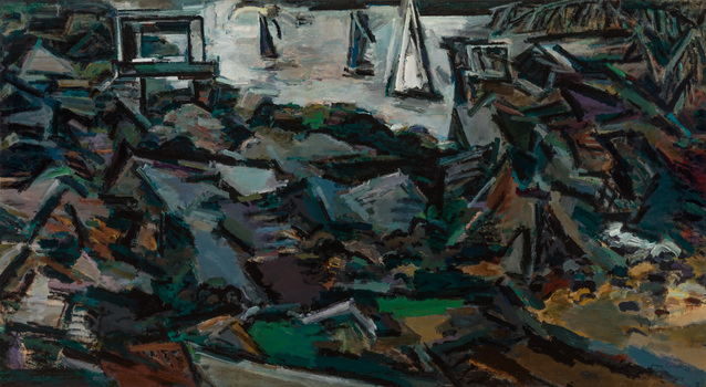 Painting in dark colours depicting a semi abstract view of the foreshore and coastline of Sandringham with sail boats and the band rotunda recognisable.