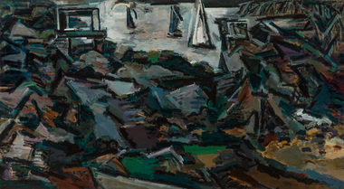 Painting in dark colours depicting a semi abstract view of the foreshore and coastline of Sandringham with sail boats and the band rotunda recognisable.