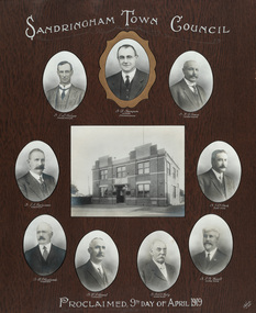 Compilation of 10 mounted gelatin silver photographs comprising of a rectangular photograph of the Sandringham Town Hall building, surrounded by nine oval portraits