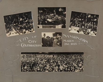 Compilation of five sepia photographs mounted on grey card recording activities relating to the proclamation of the City of Sandringham, 21 March 1923. 