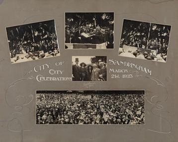 Compilation of five sepia photographs mounted on grey card recording activities relating to the proclamation of the City of Sandringham, 21 March 1923. 