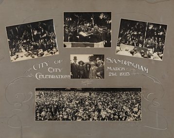 Compilation of five sepia photographs mounted on grey card recording activities relating to the proclamation of the City of Sandringham, 21 March 1923. 