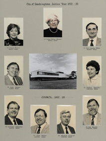 Compilation of 19 black and white photographs. Rectangular photograph of Sandringham Municipal Office in middle; mayor at top and 8 councillors around the edges, all rectangular portraits. 