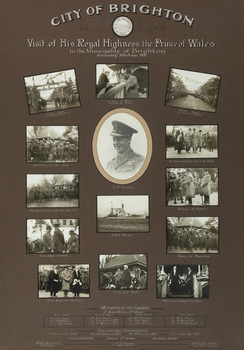 Compilation of 14 gelatin silver photographs relating to the visit of HRH Prince of Wales to City of Brighton. 13 photographs are rectangular and one portrait is oval. 