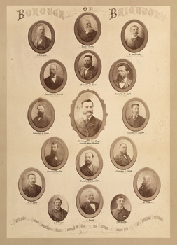 Compilation of 17 oval portrait photographs of mayor, councillors, and officers at a Brighton Council meeting on August 25th 1884.