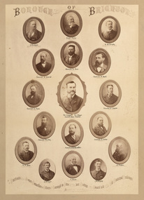 Compilation of 17 oval portrait photographs of mayor, councillors, and officers at a Brighton Council meeting on August 25th 1884.