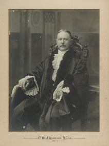 A formal portrait of seated man wearing mayoral robes with fur trims and lace cuffs and jabot. He sits in a decoratively carved chair. He has short hair and a moustache. 