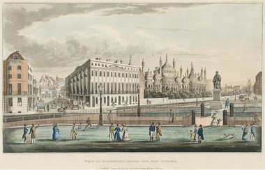 Hand coloured engraving of Brighton, England, with a prominent building of several stories at centre and to other buildings to the sides. Domed Royal Pavilion building on right. Pedestrians in foreground on grass.