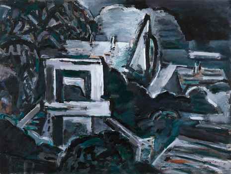 Painted abstracted landscape of a coast scene at night. Sail boats are visible in middle distance, clouds and dark sky in background, roof tops on the right and a large band rotunda is in centre left.