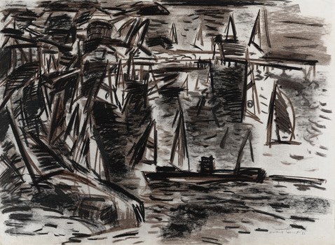 Black and white drawing of of an abstracted landscape of a coast scene. The curving coast line of Half Moon Bay depicted in a jagged fashion is on the left, with the protruding Black Rock jetty on the right and sail boats scattered throughout the water.