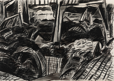 Black and white drawing of an abstracted landscape of a coast scene. Sail boats and a large ship are visible in on the flat water in the distance. 