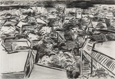 Black and white drawing of an abstracted landscape of along the coast. Drawn from a high vantage point overlooking abstracted rooftops and vegetation. Sail boats on flat water are in the distance, palm trees top centre by the water.