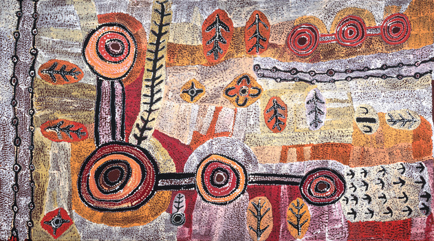 Landscape format painting of a colourful scene, birds eye view using Aboriginal dot technique. Work is mainly in oranges, reds, whites and blacks. 