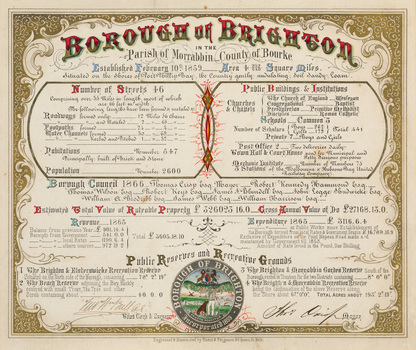 Illuminated Certificate in mainly black and red ink on cream paper, with decorative gold border. Gives details of the municipality with circular round decorative watercolour lower centre.