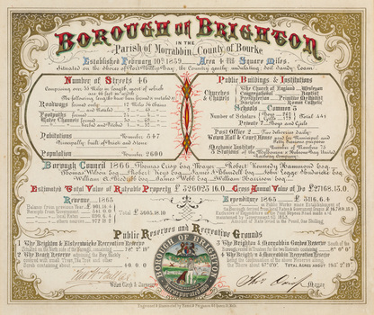Illuminated Certificate in mainly black and red ink on cream paper, with decorative gold border. Gives details of the municipality with circular round decorative watercolour lower centre.