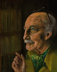 Painting of a portrait of a man with grey, balding hair and moustache. He is in side profile wearing a green shirt and cravat. Behind him is a bookshelf.