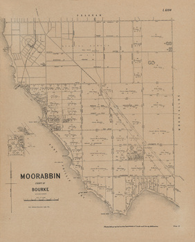 Black and white map of areas along the coast line, the Bay to the left and land to the right. The land shows subdivisions of property with land owners' names.