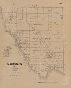 Black and white map of areas along the coast line, the Bay to the left and land to the right. The land shows subdivisions of property with land owners' names.