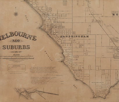 Black and white map of coastline suburb on cream paper with discolouration and stains