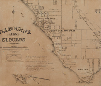 Black and white map of coastline suburb on cream paper with discolouration and stains