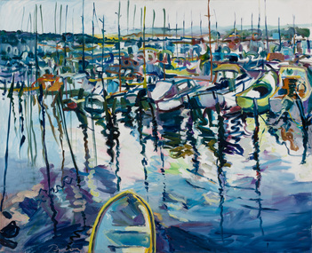 Colourful painting of a large number of sail boats at anchor in the water. 