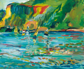 Painting of sailboats in the water with dappled light, rocky cliff face in distance.