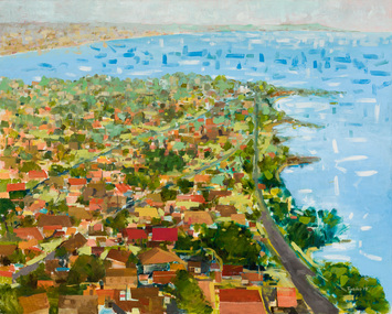 Painting from a high vantage point of a coastal suburb, with rooftops and streets visible and the blue bay in the distance.