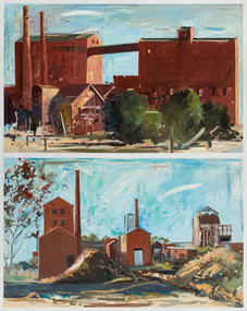 Painting of two views of red brick old gasworks buildings, including tall towers.