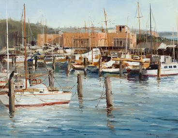 Painting of moored yachts in the water, with a brick Sandringham Yacht Club in the background.
