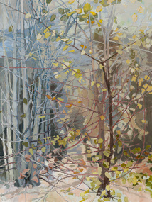 Painting of autumnal leaves on a tree, with bare trees in the background