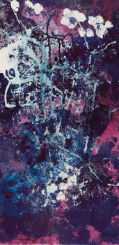 Abstract painting using drop method in greens, reds, blues and blacks. Flowers in white visible in tope right.