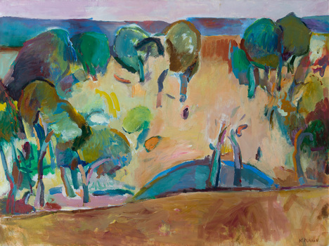 Impressionist painting of a landscape with hillside covered with trees.