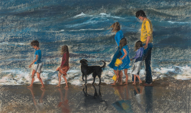 Pastel drawing of 4 children children and their parents walk along the beach with a black dog in the centre. 