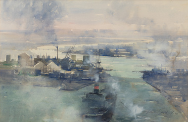Watercolour painting of a dock, a large ship in centre foreground; warehouses visible through mist and smoke.