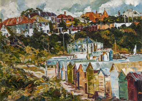 Painting of bathing boxes along the beach front with distant houses in the road above overlooking the bay