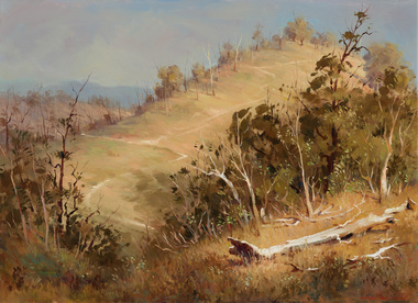 Painting of a landscape with a windy dirt road leading to a distant hill, fallen tree and vegetation in foreground.