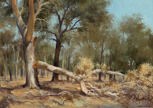 Painting of an Australian bushland landscape in golds and greens. A large gum in foreground with a fallen branch.