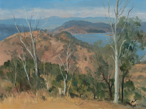 Landscape painting of hilly bushland with a lake in the distance