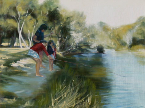 Painting of four children fishing from the banks of a river
